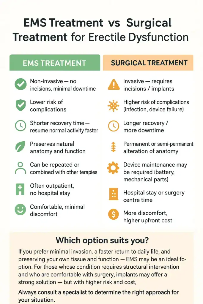 A table showing the benefits of EMS chair for erectile dysfunction treatment Norwich compared to surgery.